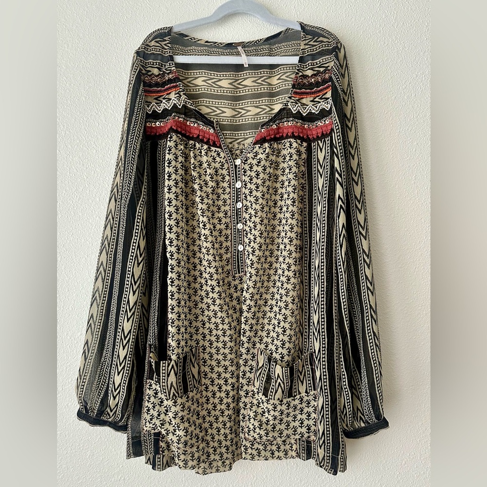 Free People Boho Feather in the Wind Tunic Top with Sequin and Bead Accents